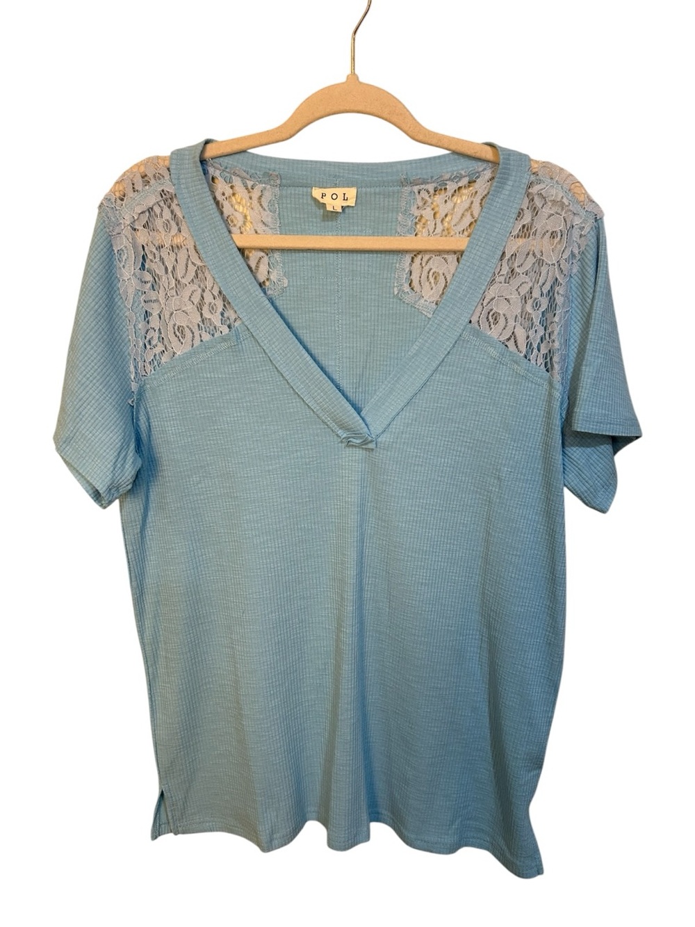 POL Powder Blue Lace-Trim V-Neck Top - Picture 7 of 7